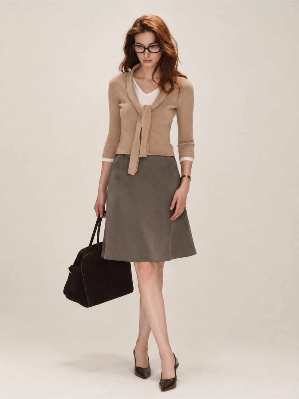 Vtg Giorgio Armani Le Collezioni Wool A-Line Skirt Beige Gray Size 46 / 12